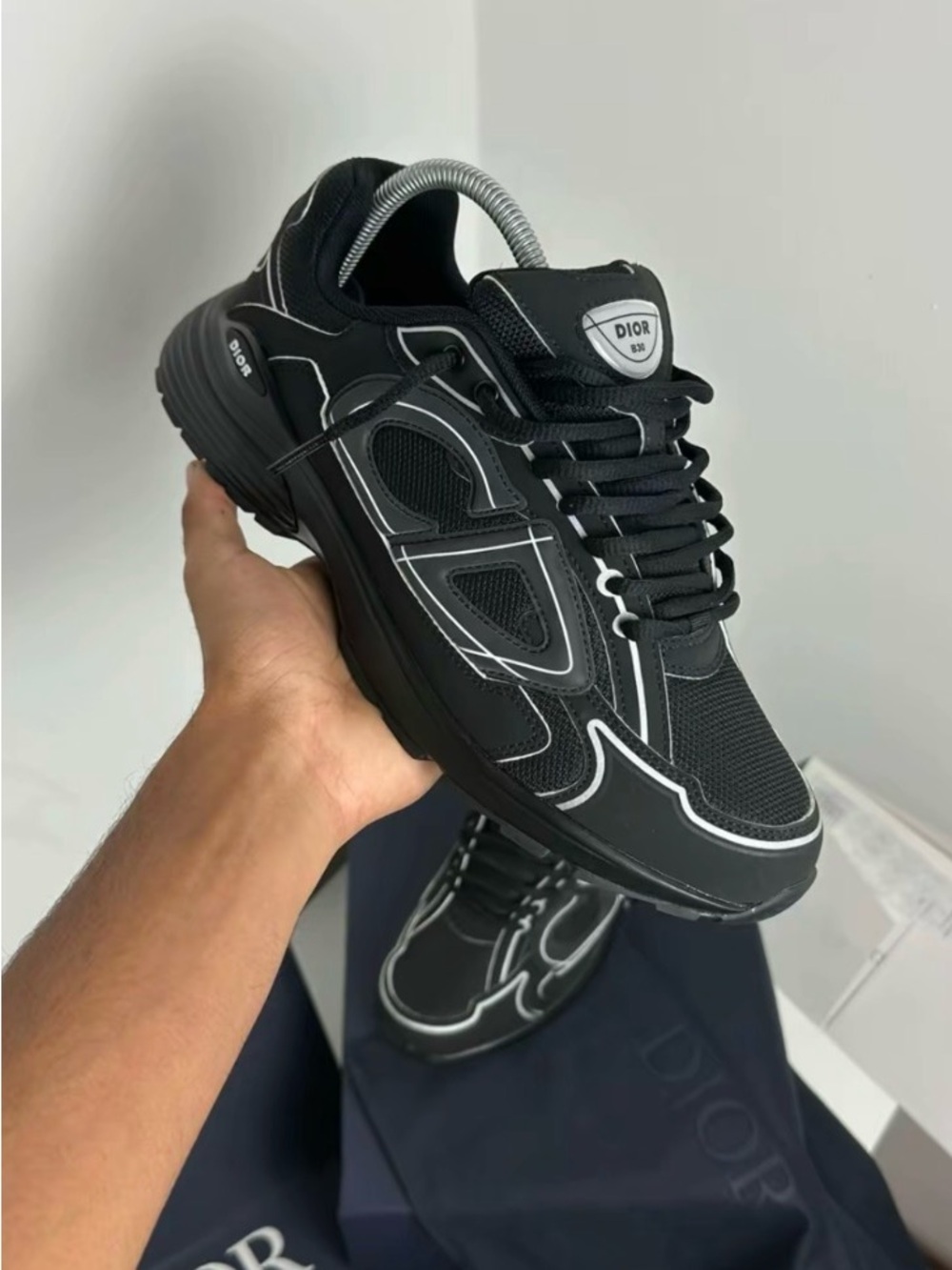 Dior Men’s Black Mesh & Leather Sneakers with White Trim